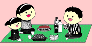tekening vrouw met twee kinderen op een picknick kleed
