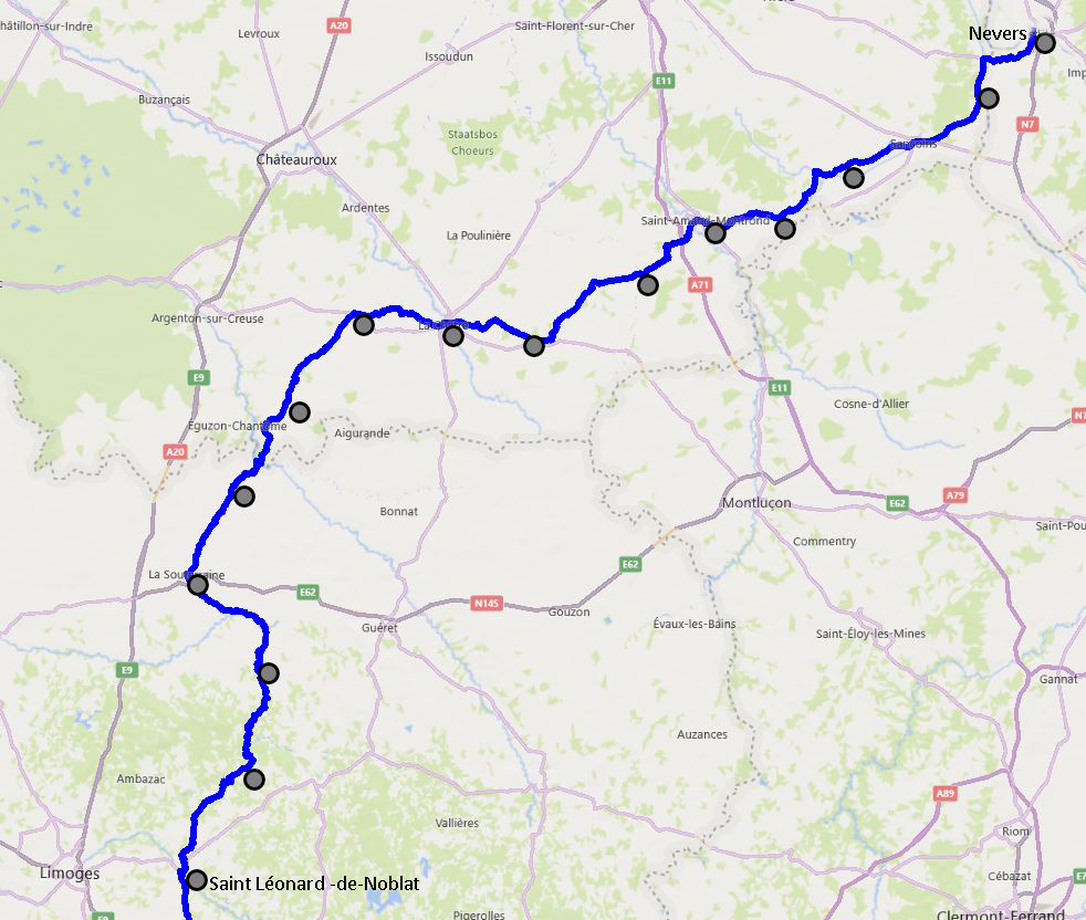 route van Nevers naar Saint Léonard -de-Noblat